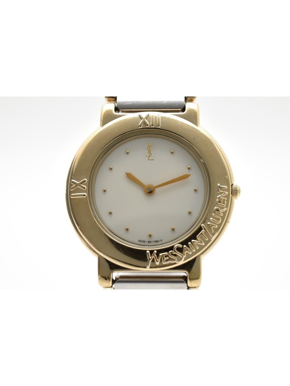 Saint Laurent Yves YSL Quartz Watch White Dial Roman Numerals Logo Bezel Gold